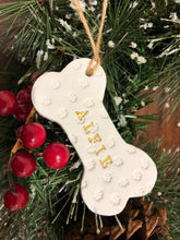 Load image into Gallery viewer, Dog Christmas Decoration - Bone Bauble - White Clay Paw Prints - Dog Bone - Jute Twine
