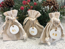 Load image into Gallery viewer, 40 Advent Calendar for Adults Bags with Clay Tags, Nativity Fast, 40 White Clay Gold Numbers, Linen Cotton Christmas Sacks Bags