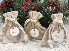 Load image into Gallery viewer, 40 Advent Calendar for Adults Bags with Clay Tags, Nativity Fast, 40 White Clay Gold Numbers, Linen Cotton Christmas Sacks Bags