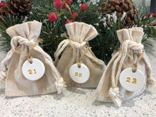 Load image into Gallery viewer, 40 Advent Calendar for Adults Bags with Clay Tags, Nativity Fast, 40 White Clay Gold Numbers, Linen Cotton Christmas Sacks Bags