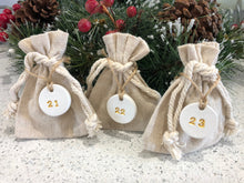 Load image into Gallery viewer, 40 Advent Calendar for Adults Bags with Clay Tags, Nativity Fast, 40 White Clay Gold Numbers, Linen Cotton Christmas Sacks Bags