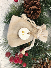 Load image into Gallery viewer, 40 Advent Calendar for Adults Bags with Clay Tags, Nativity Fast, 40 White Clay Gold Numbers, Linen Cotton Christmas Sacks Bags