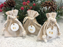 Load image into Gallery viewer, 40 Advent Calendar for Adults Bags with Clay Tags, Nativity Fast, 40 White Clay Gold Numbers, Linen Cotton Christmas Sacks Bags
