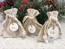 Load image into Gallery viewer, 40 Advent Calendar for Adults Bags with Clay Tags, Nativity Fast, 40 White Clay Gold Numbers, Linen Cotton Christmas Sacks Bags