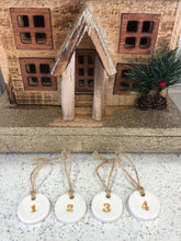 Load image into Gallery viewer, 25 Advent Calendar Tags - Reusable Advent Calendar - 25 White Clay Numbers - Clay Tags - Jute Twine