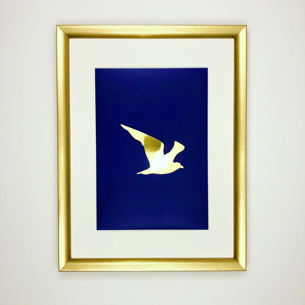 Seagull Print Foil Gold Ink Blue Flying Under The Sea Collection Gold Foil Print