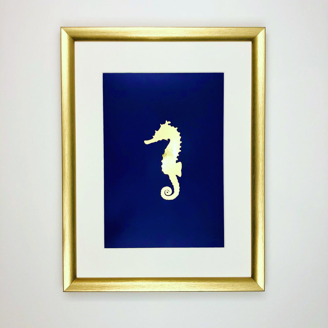 Gold Foil Print Seahorse Ocean Gift Under The Sea Collection Midnight Blue Christmas Gift For Men Gift for Women