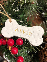 Load image into Gallery viewer, Dog Christmas Decoration - Bone Bauble - White Clay Paw Prints - Dog Bone - Jute Twine
