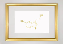 Load image into Gallery viewer, Serotonin Foil Print Molecule Structure Chemical Chemistry Symbol Happiness Love Hormone - A4 - Gold Foil Handmade Unique Gifts for Him
