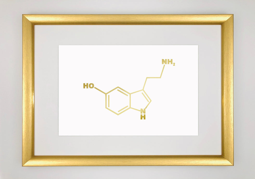 Serotonin Foil Print Molecule Structure Chemical Chemistry Symbol Happiness Love Hormone - A4 - Gold Foil Handmade Unique Gifts for Him