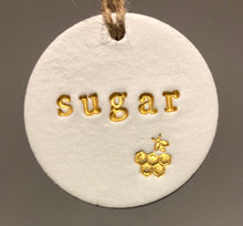 Load image into Gallery viewer, Clay Tags - Tea Coffee Sugar Biscuit Tags - Bee Tags - Gold Silver Letters - Kitchen Tags - Clay Labels - Easter
