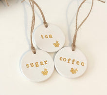 Load image into Gallery viewer, Clay Tags - Tea Coffee Sugar Biscuit Tags - Bee Tags - Gold Silver Letters - Kitchen Tags - Clay Labels - Easter
