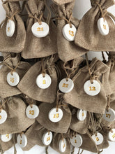 Load image into Gallery viewer, 25 x Christmas Advent Calendar Ladder Tree Hanging Advent Bags, Clay Tags, Hessian Bags, Christmas Sacks, Rustic Christmas Decorations
