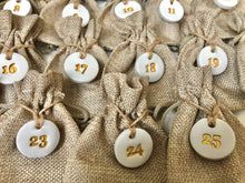 Load image into Gallery viewer, 25 x Christmas Advent Calendar Tree Hanging Bags, Clay Tags, Advent Calendar, Hessian Christmas Bags
