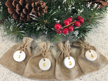 Load image into Gallery viewer, 25 x Christmas Advent Calendar Ladder Tree Hanging Advent Bags, Clay Tags, Hessian Bags, Christmas Sacks, Rustic Christmas Decorations
