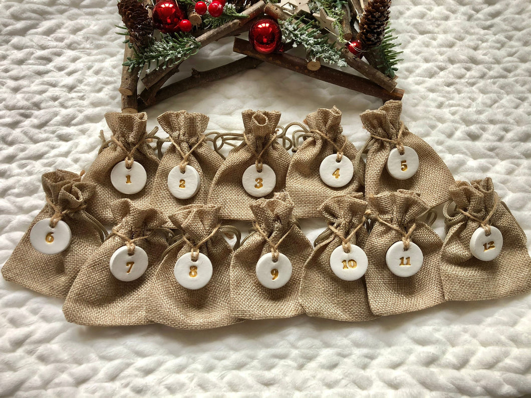 12 Advent Calendar Bags, Reusable 12 Days of Christmas Advent Calendar Men, Christmas Sack, Christmas Decor, Clay Tags