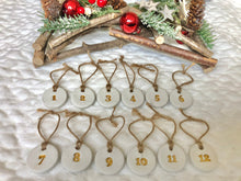 Load image into Gallery viewer, 12 Advent Calendar Tags, Reusable Advent Calendar Numbers, 12 Days of Christmas White Clay Tags Numbers, Christmas Decor
